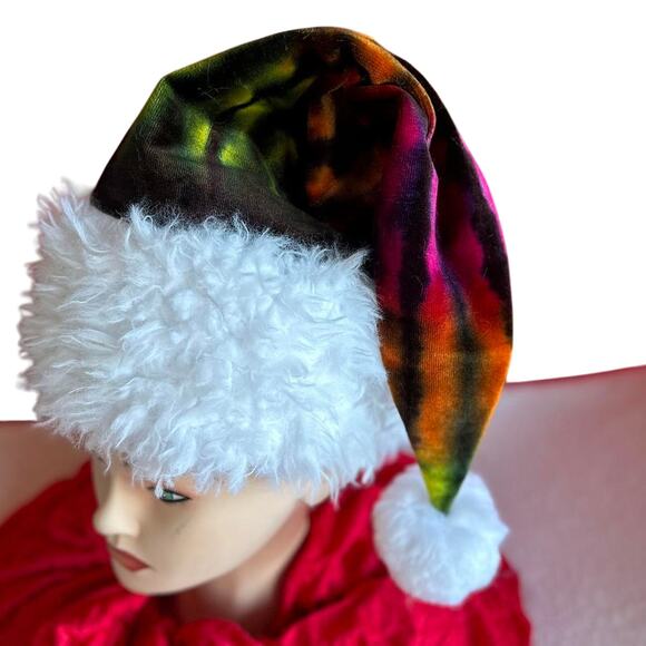 Santa Hat Tie Dye Handcrafted Hippie Christmas Holiday Party Festive Whimsical - Picture 2 of 7